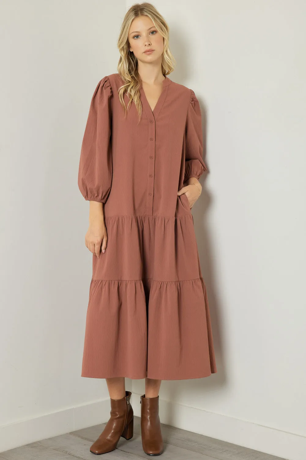 V-neck long sleeve tiered midi dress