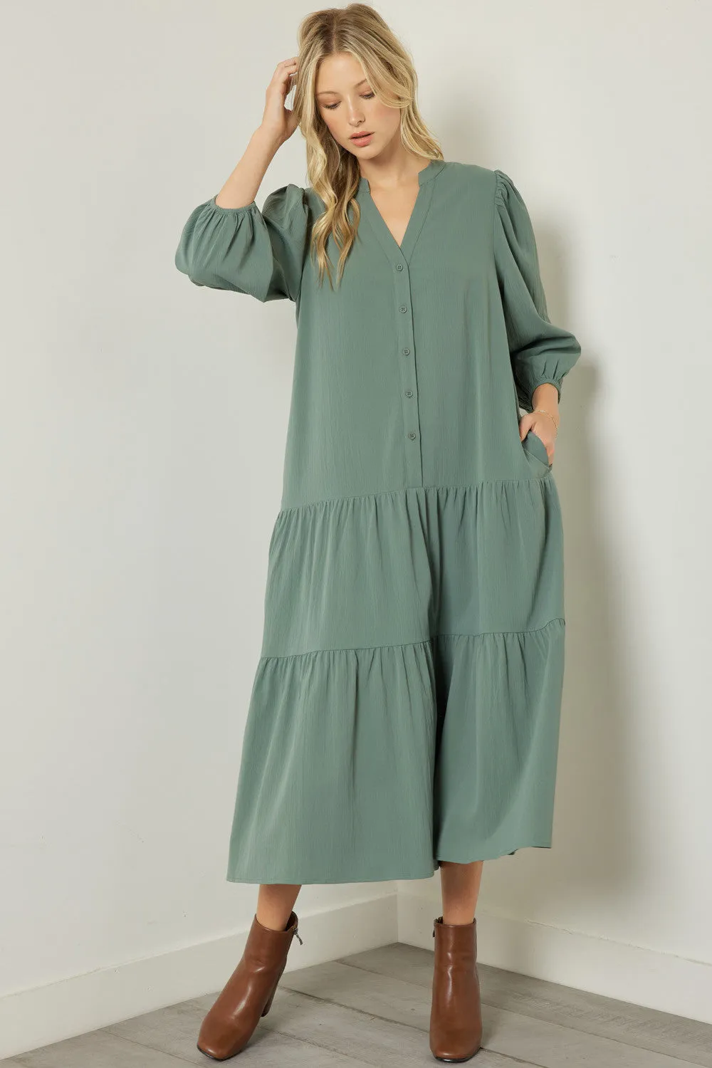 V-neck long sleeve tiered midi dress
