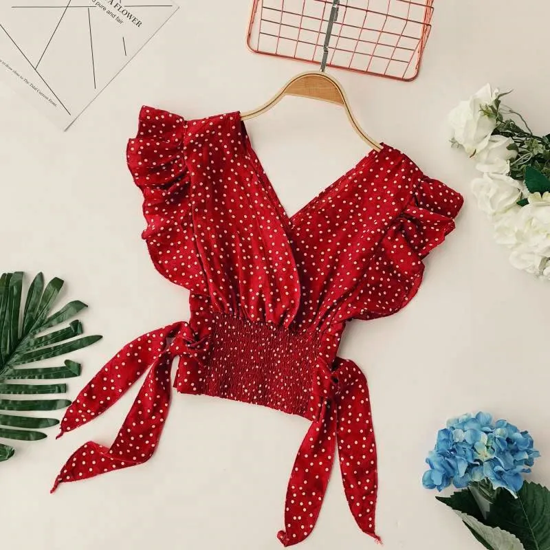 V-Neck Polka Dot Printed Short Sleeve Ruffles Blouse Shirt
