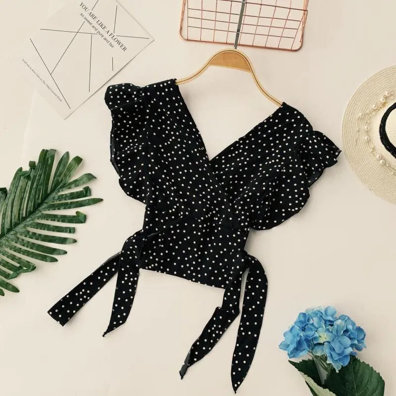 V-Neck Polka Dot Printed Short Sleeve Ruffles Blouse Shirt