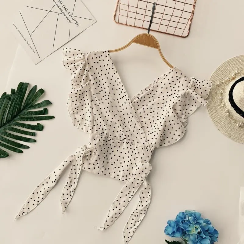 V-Neck Polka Dot Printed Short Sleeve Ruffles Blouse Shirt