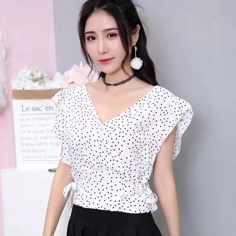 V-Neck Polka Dot Printed Short Sleeve Ruffles Blouse Shirt