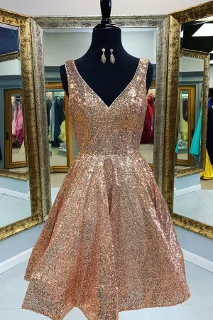 V-Neck Tiered Gold Short Sequins Homecoming Dress