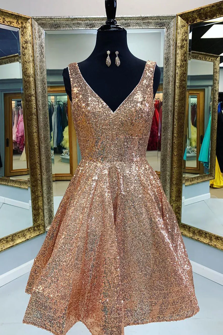V-Neck Tiered Gold Short Sequins Homecoming Dress