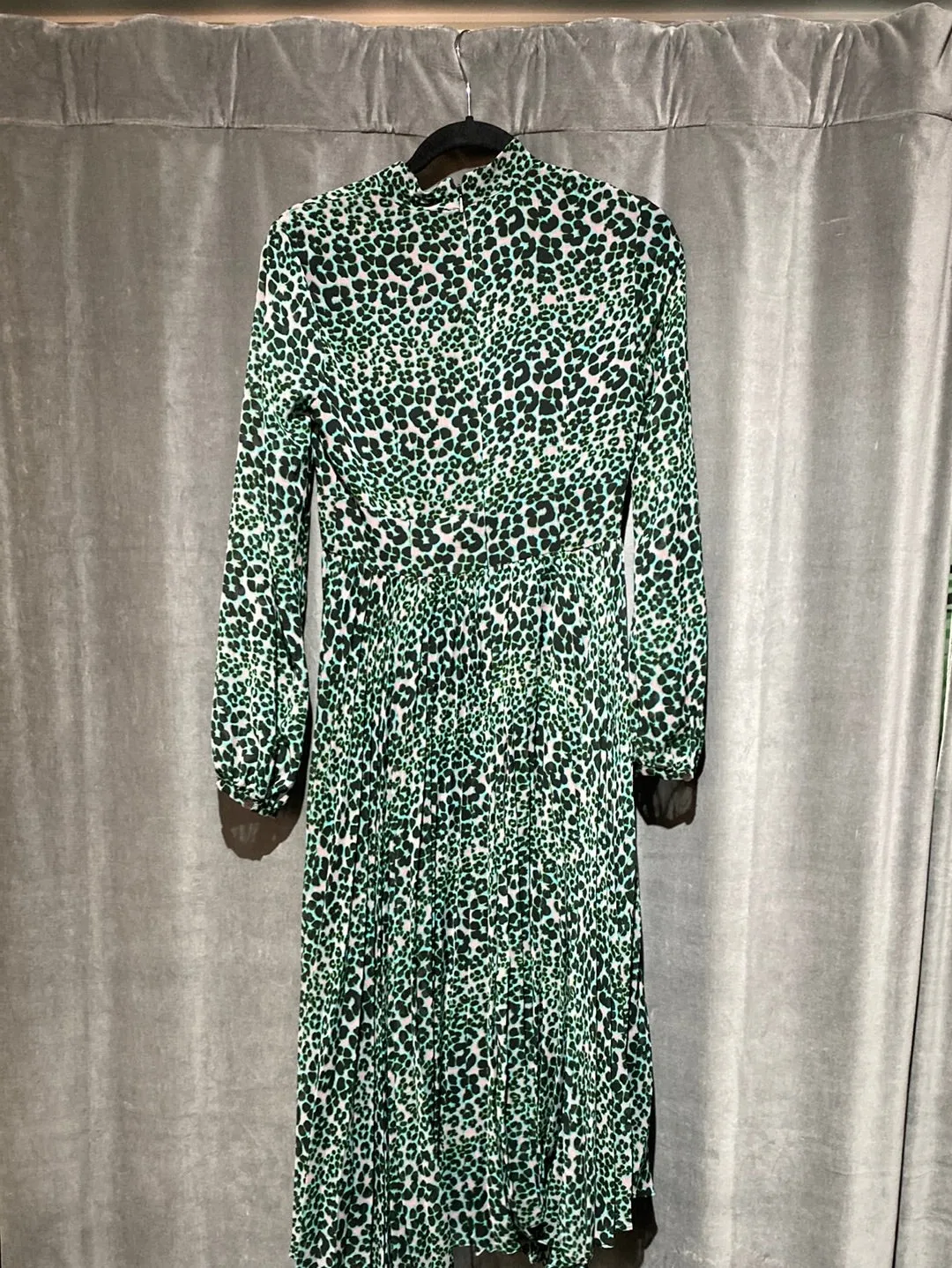 WHISTLES Leopard Crew Neck Long Sleeve Pleated Dress