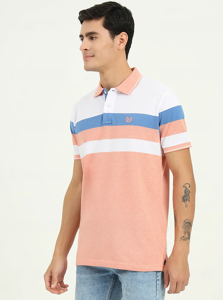 White & Peach Striped Slim Fit Polo T-Shirt | Greenfibre