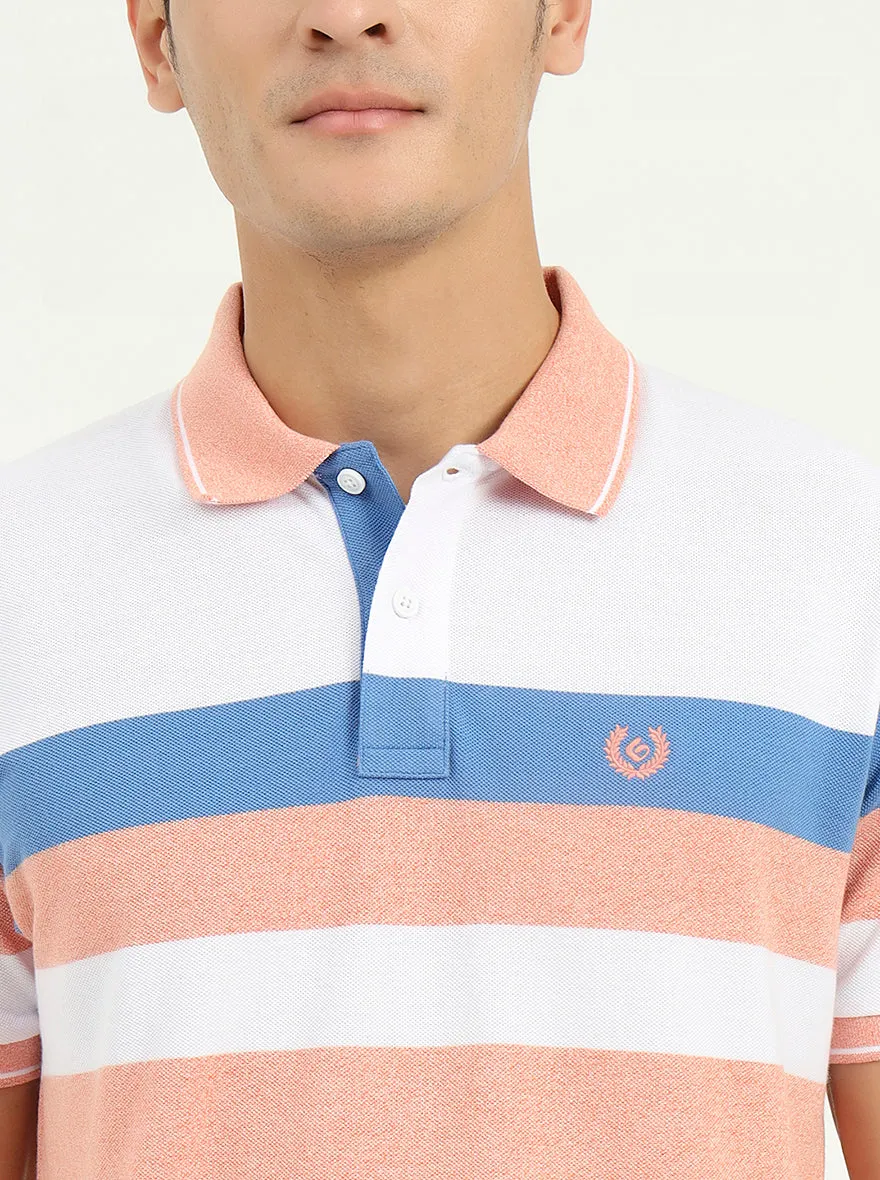 White & Peach Striped Slim Fit Polo T-Shirt | Greenfibre