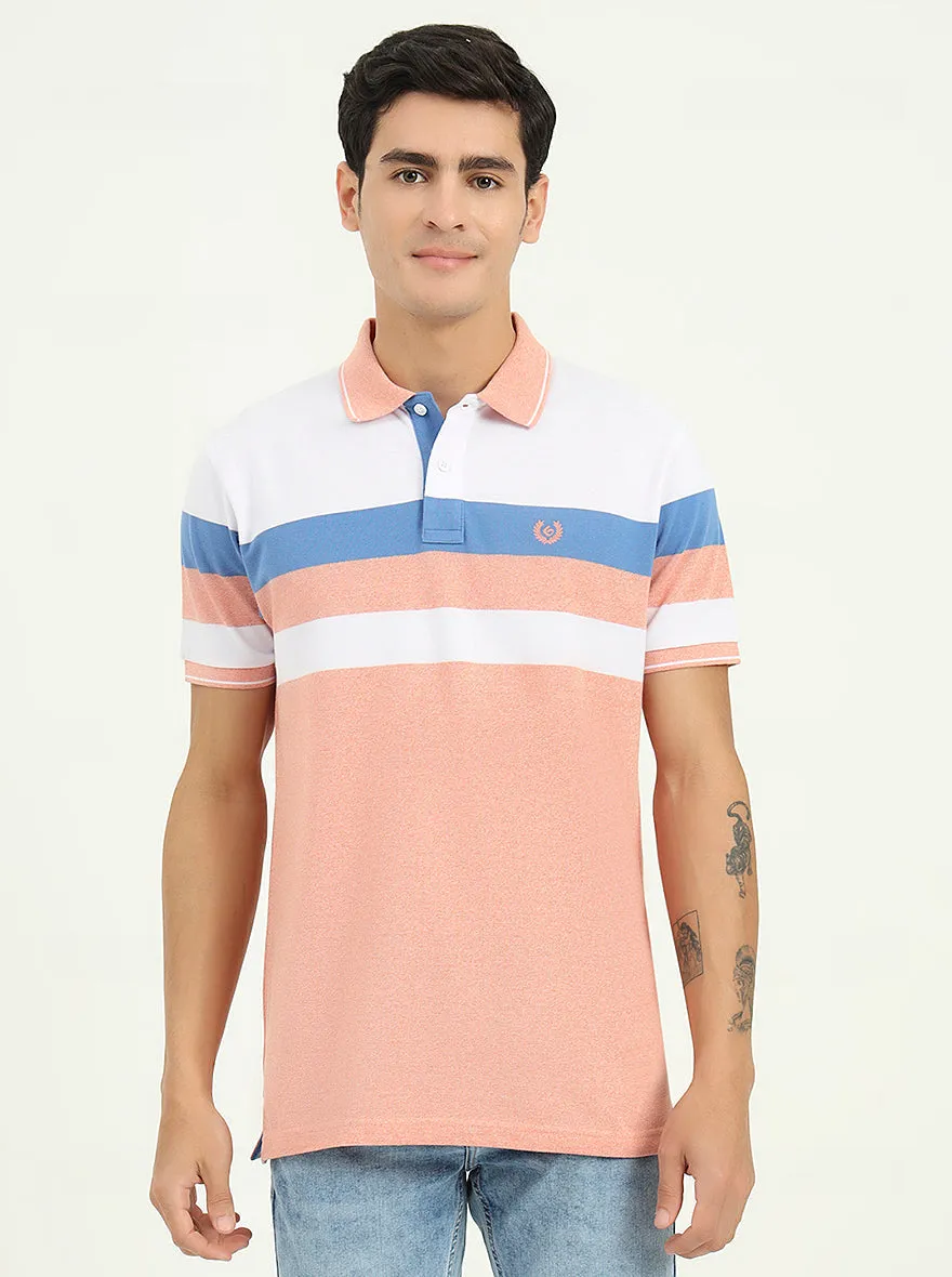 White & Peach Striped Slim Fit Polo T-Shirt | Greenfibre