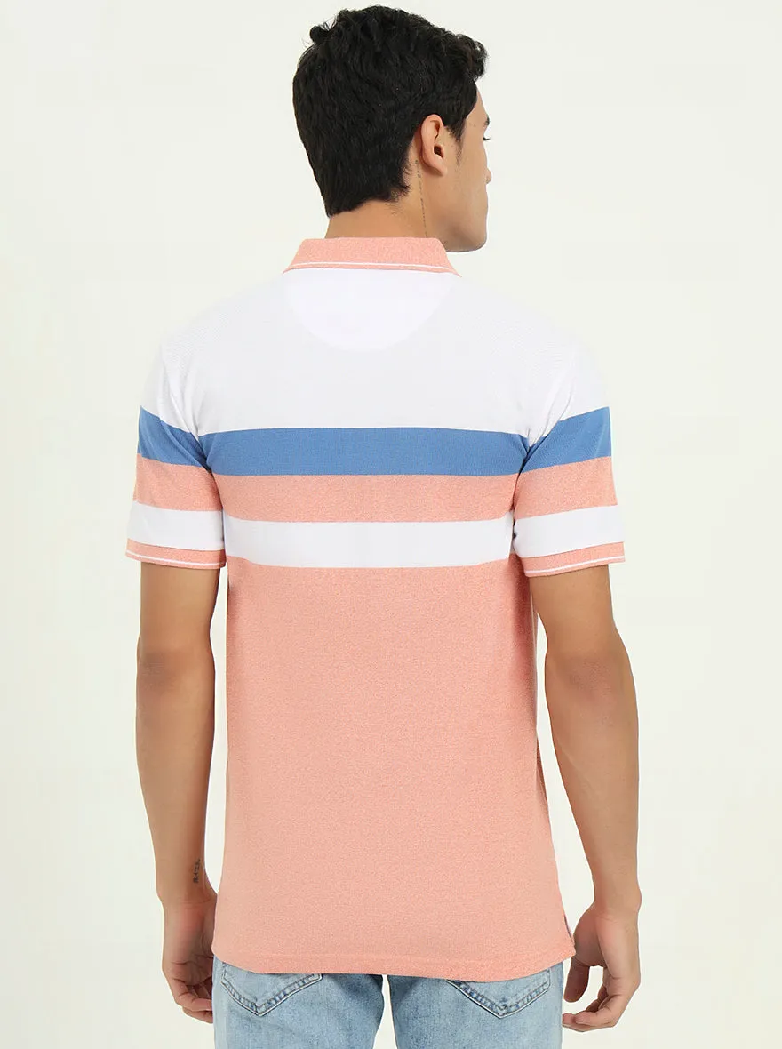 White & Peach Striped Slim Fit Polo T-Shirt | Greenfibre