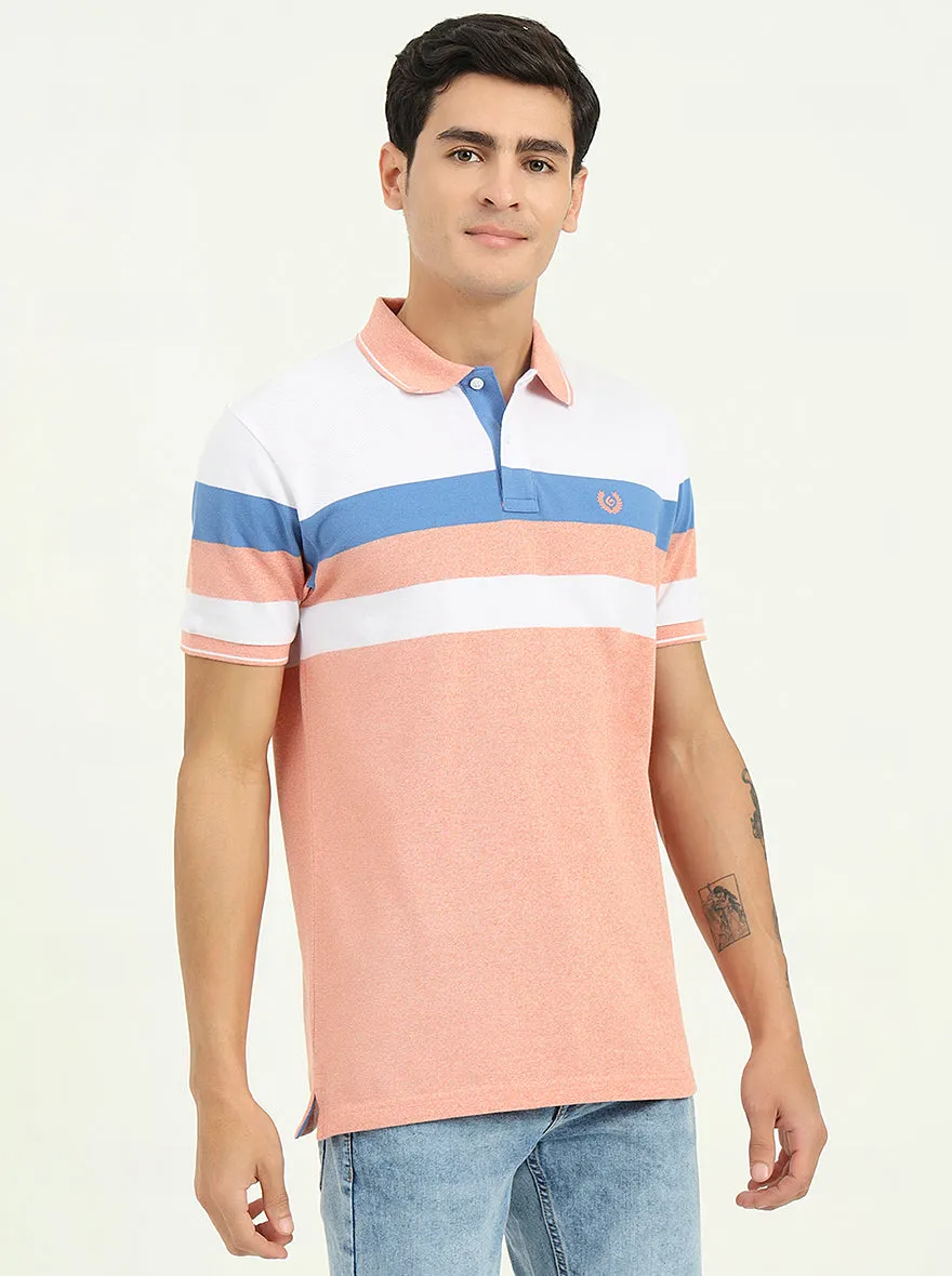 White & Peach Striped Slim Fit Polo T-Shirt | Greenfibre
