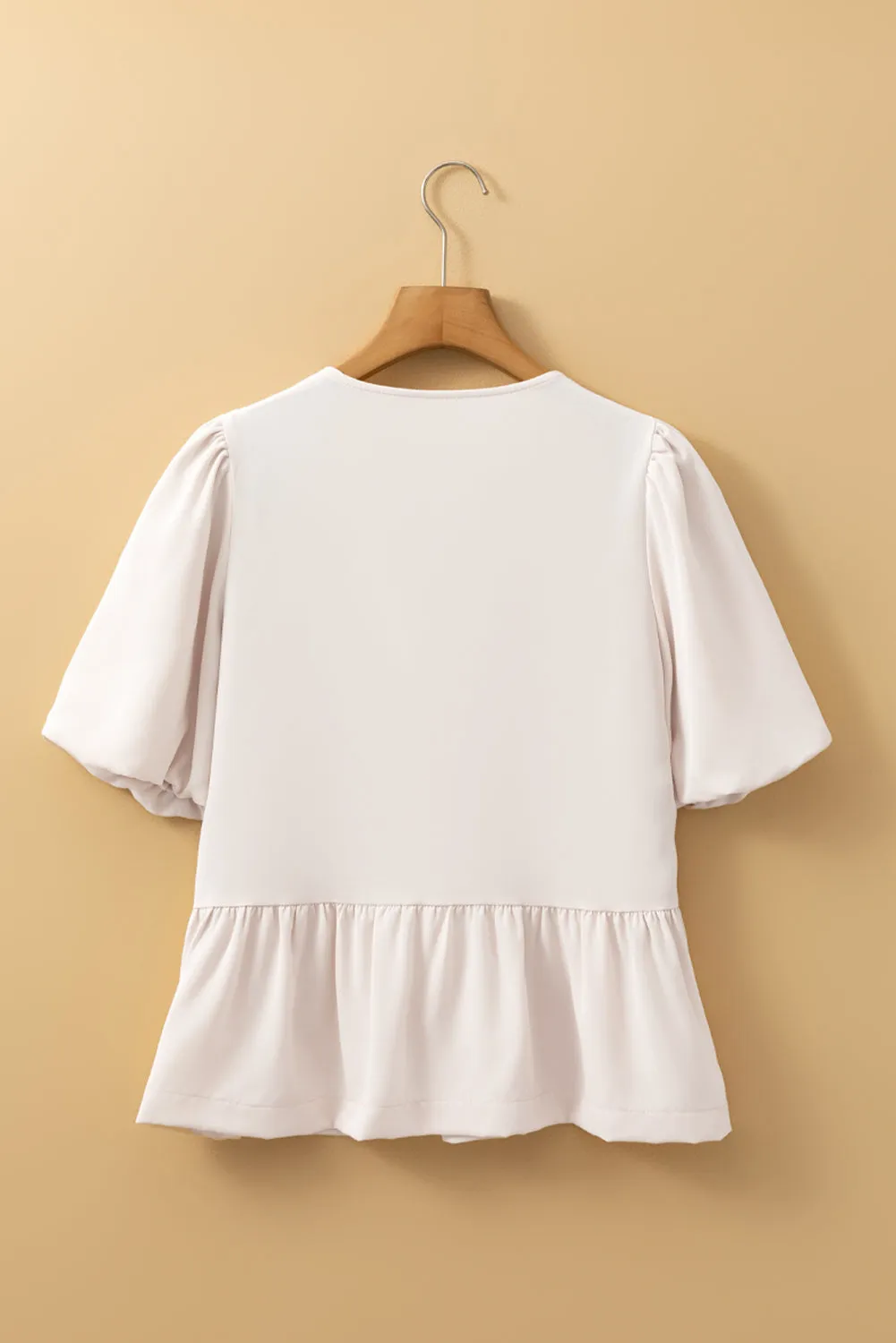 White Bow Tie Short Puff Sleeve Ruffle Hem Blouse