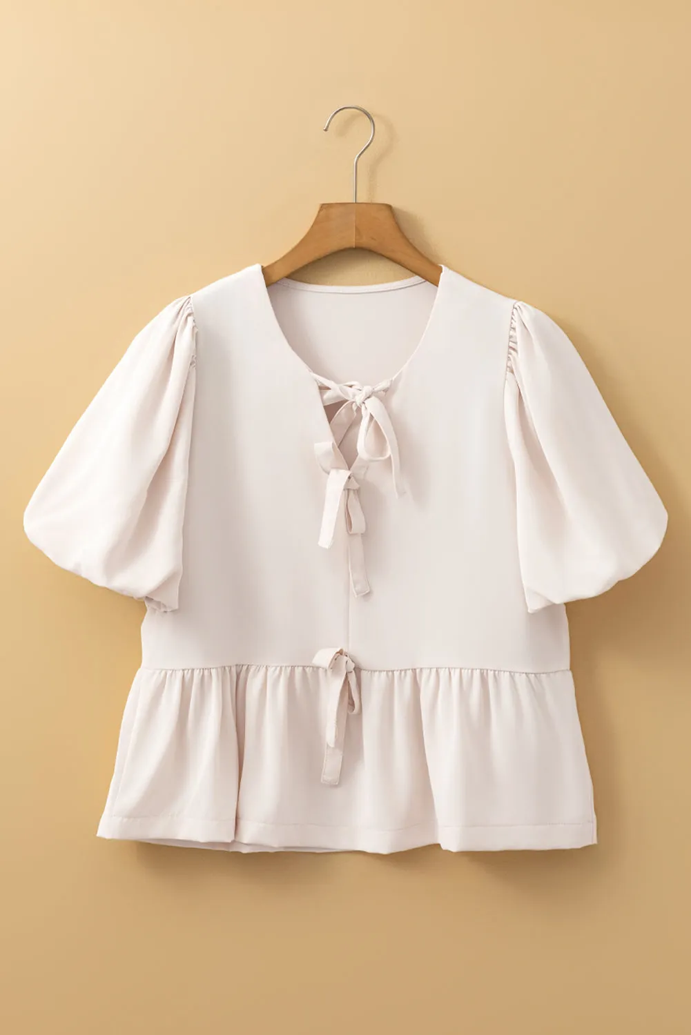 White Bow Tie Short Puff Sleeve Ruffle Hem Blouse