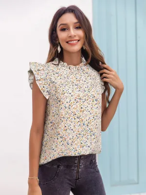 White Ditsy Print Ruffle Sleeve