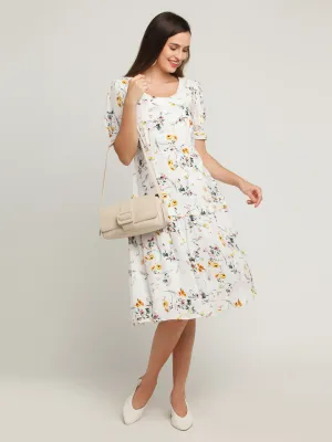 White Printed Tiered Midi Dress