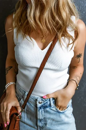 White Textured Notched V Neck Slim Fit Knit Vest
