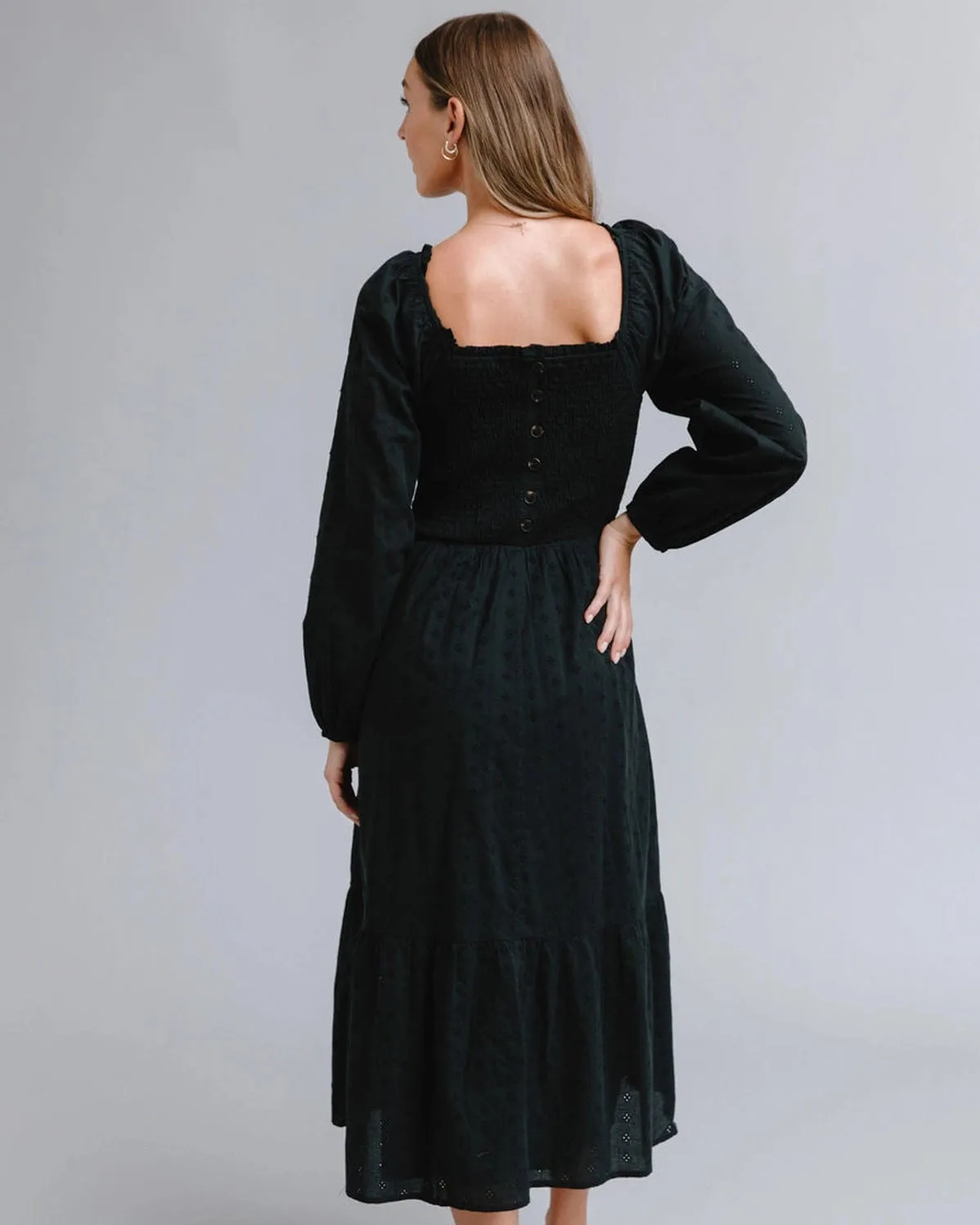 Whitney Smocked Square Neck Midi Dress - Black