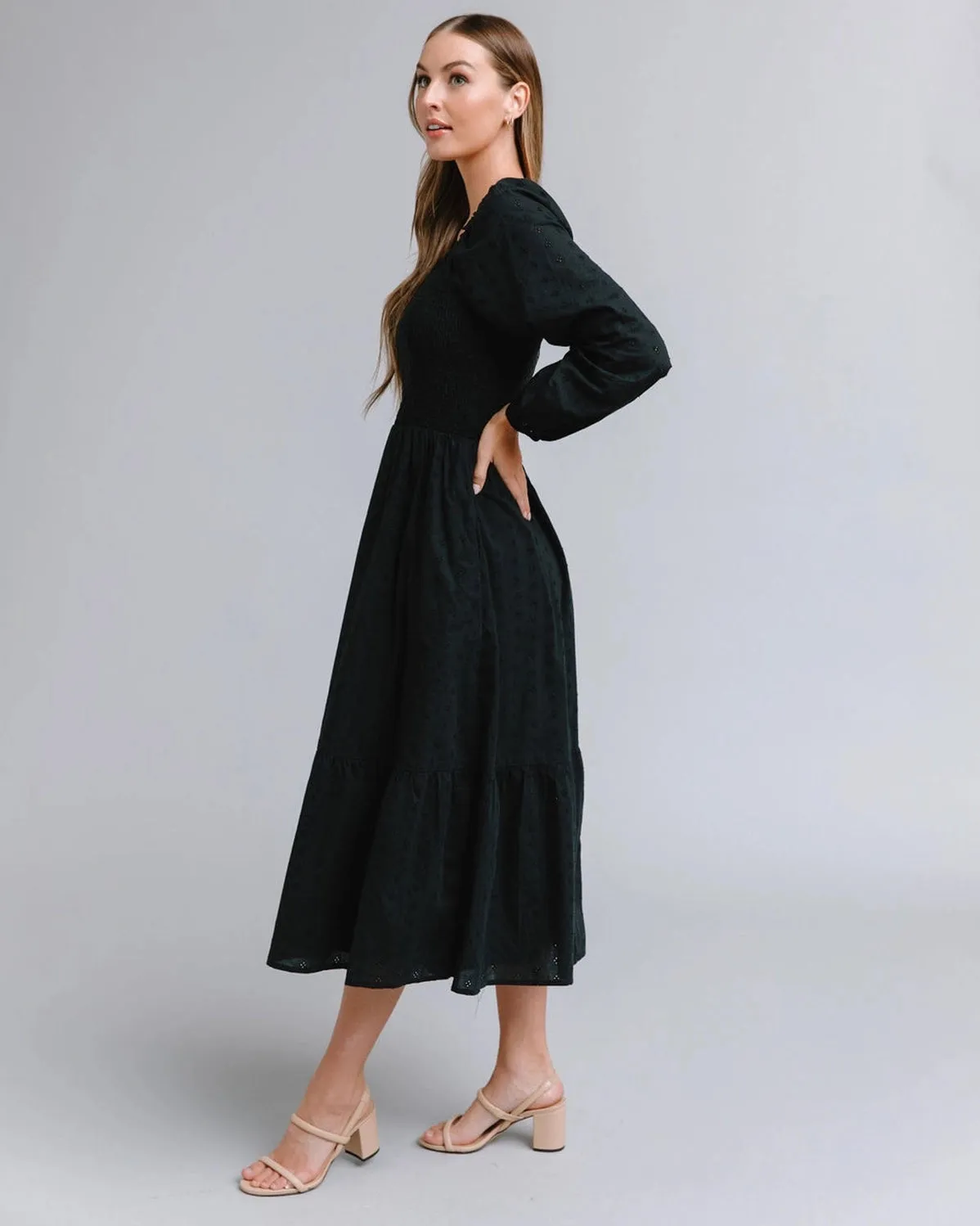 Whitney Smocked Square Neck Midi Dress - Black