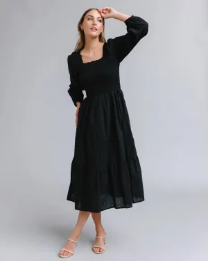 Whitney Smocked Square Neck Midi Dress - Black