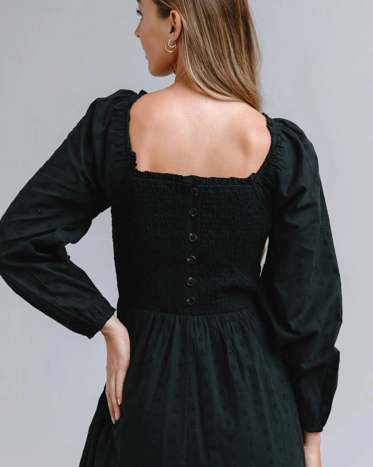 Whitney Smocked Square Neck Midi Dress - Black