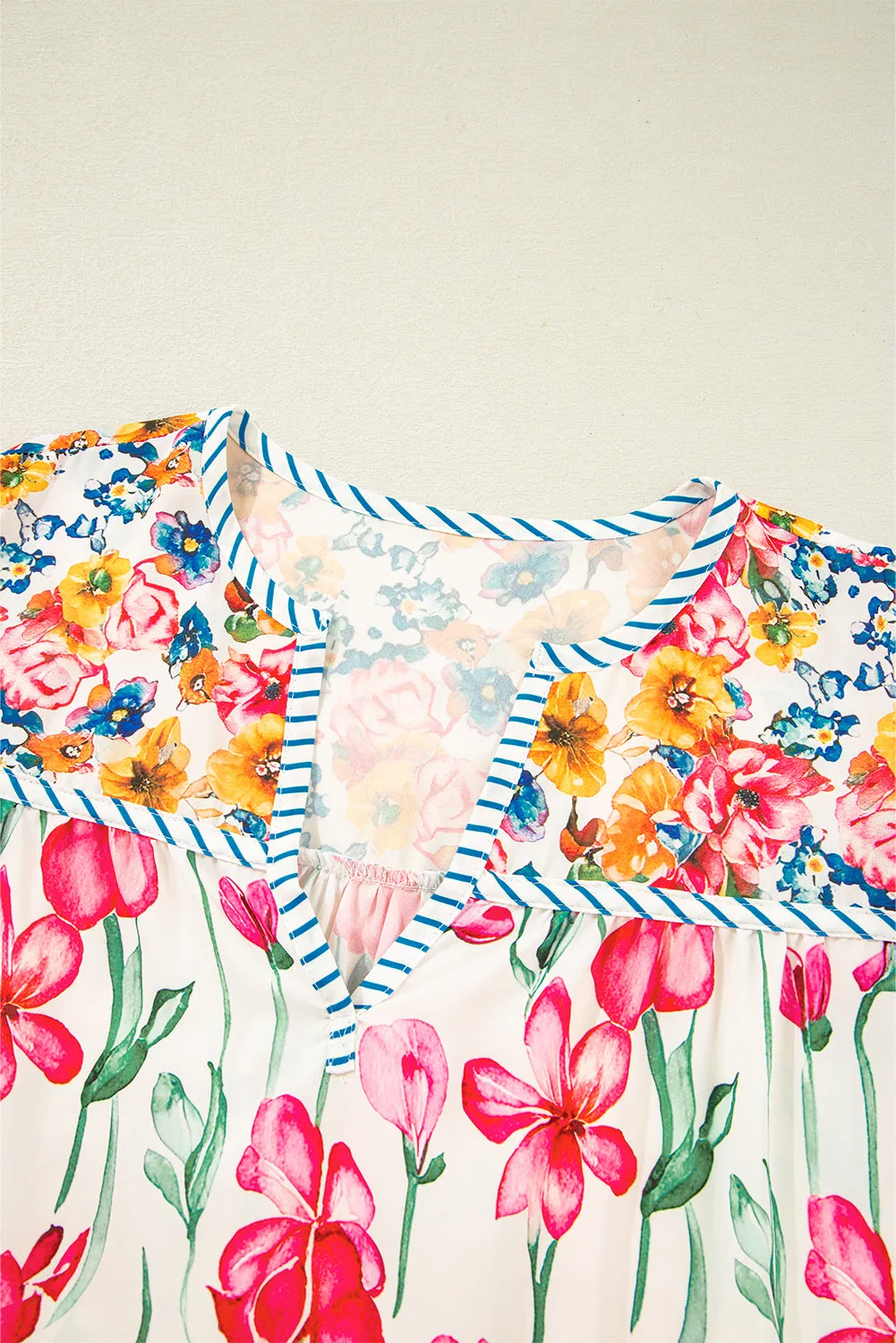 Willow, Plus Size Floral Print Striped Trim V Neck Blouse