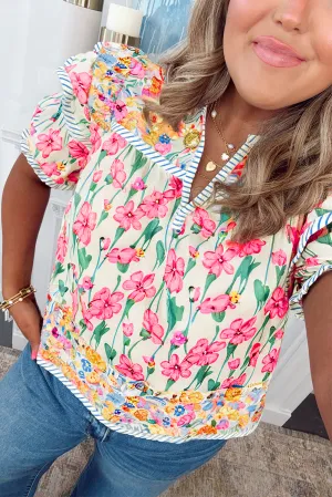 Willow, Plus Size Floral Print Striped Trim V Neck Blouse