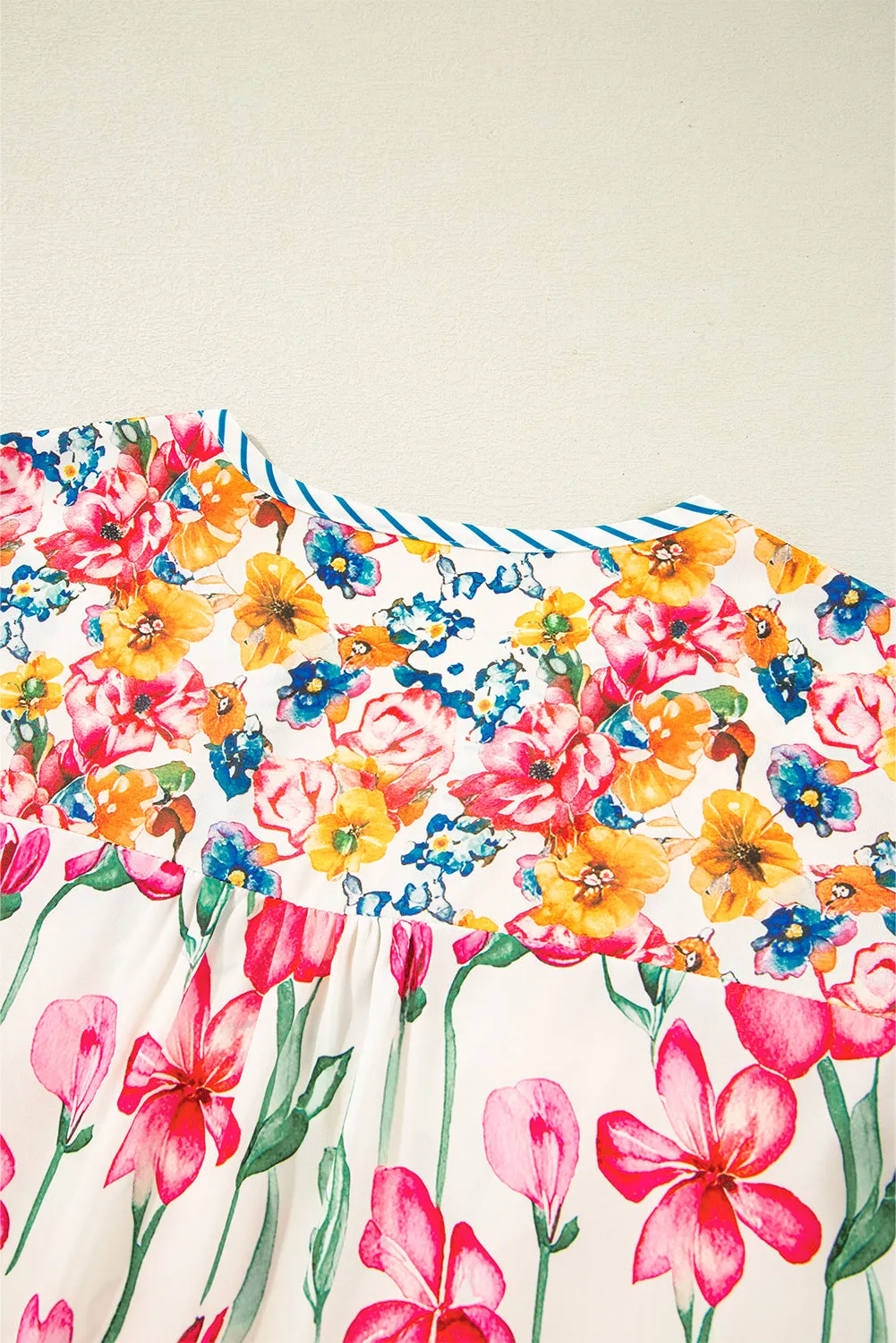 Willow, Plus Size Floral Print Striped Trim V Neck Blouse