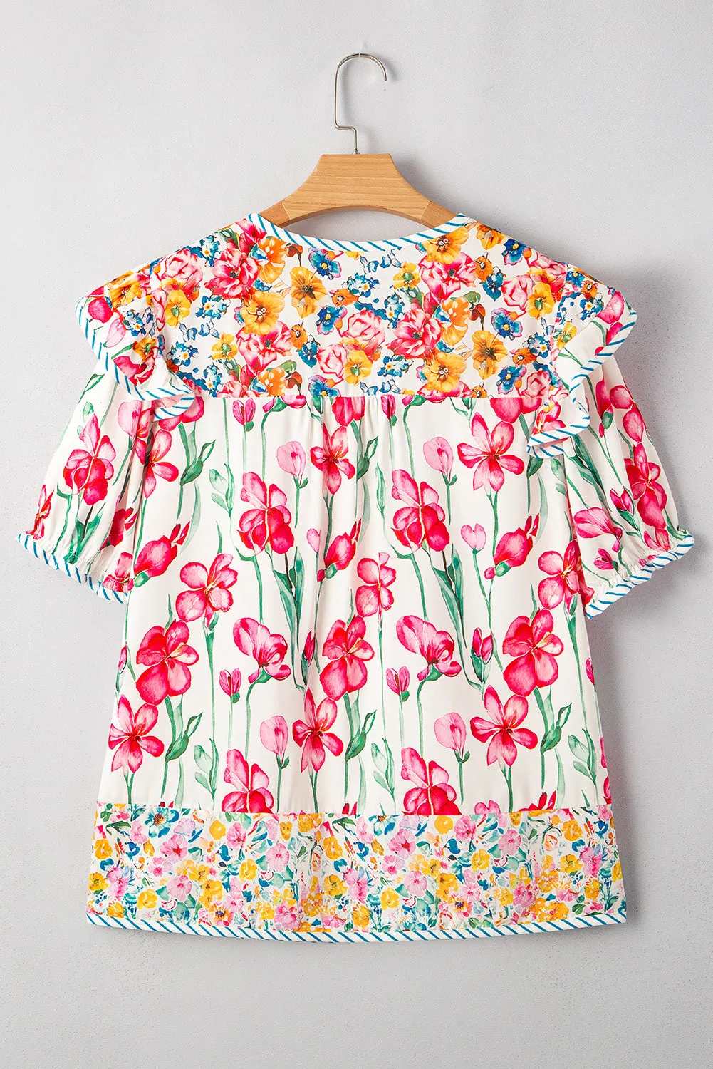 Willow, Plus Size Floral Print Striped Trim V Neck Blouse