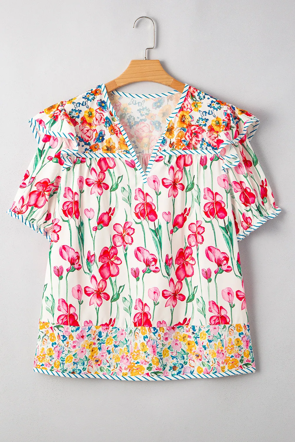 Willow, Plus Size Floral Print Striped Trim V Neck Blouse