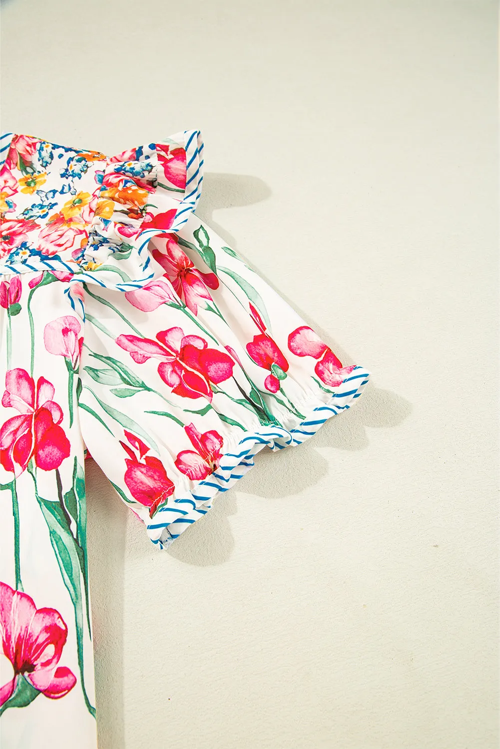 Willow, Plus Size Floral Print Striped Trim V Neck Blouse