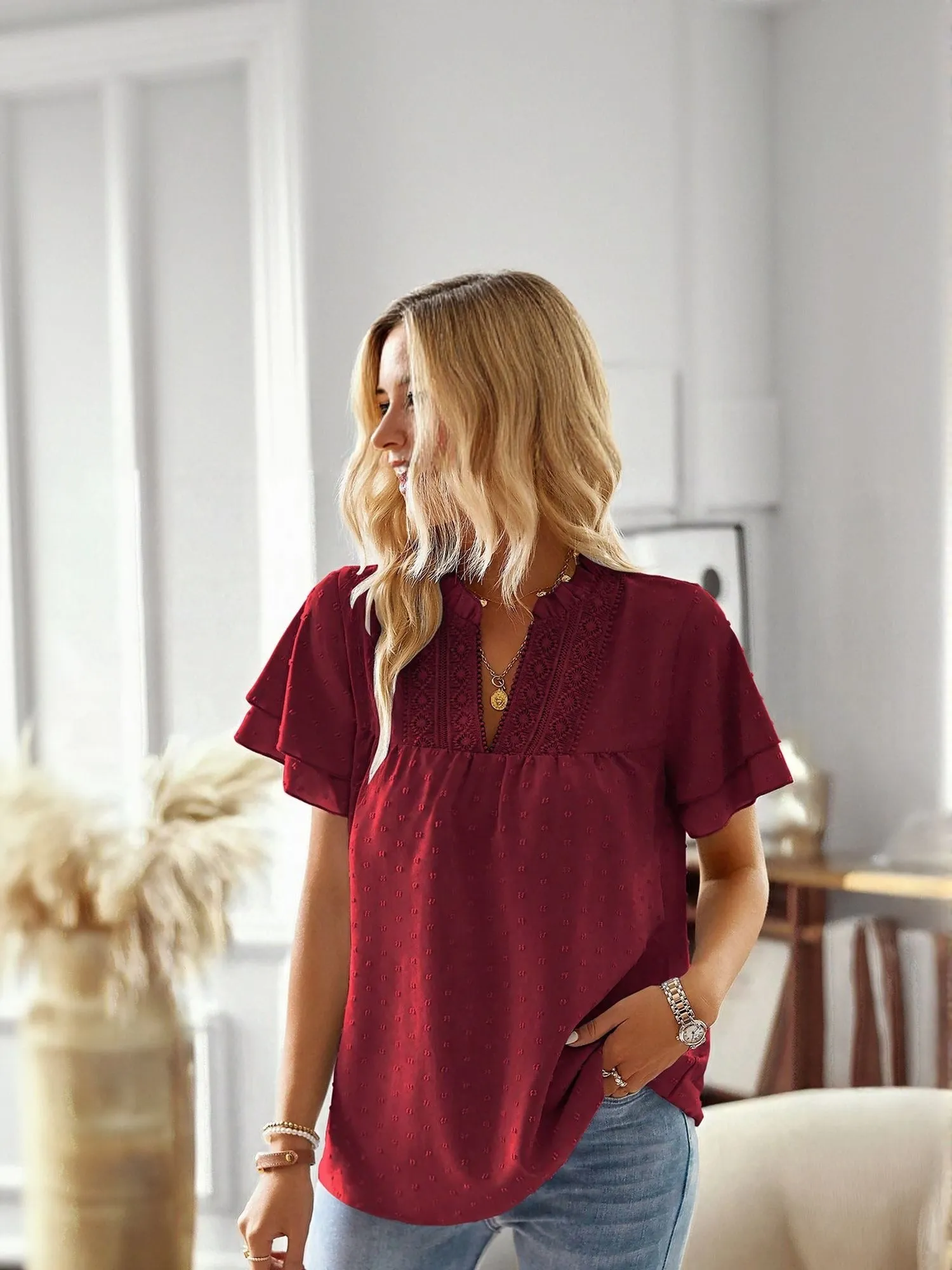 Wine Top With Ruffle Sleeve