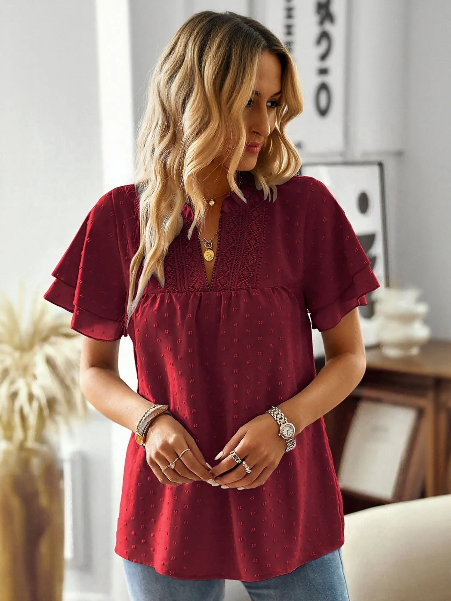Wine Top With Ruffle Sleeve