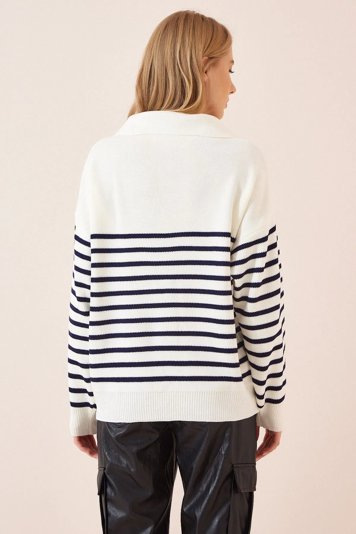Woman Ekru Polo Yaka striped knitwear sweater FN02971