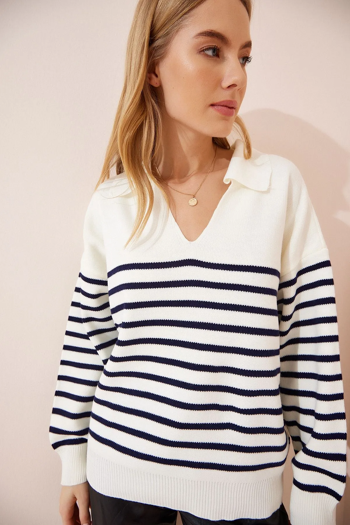 Woman Ekru Polo Yaka striped knitwear sweater FN02971