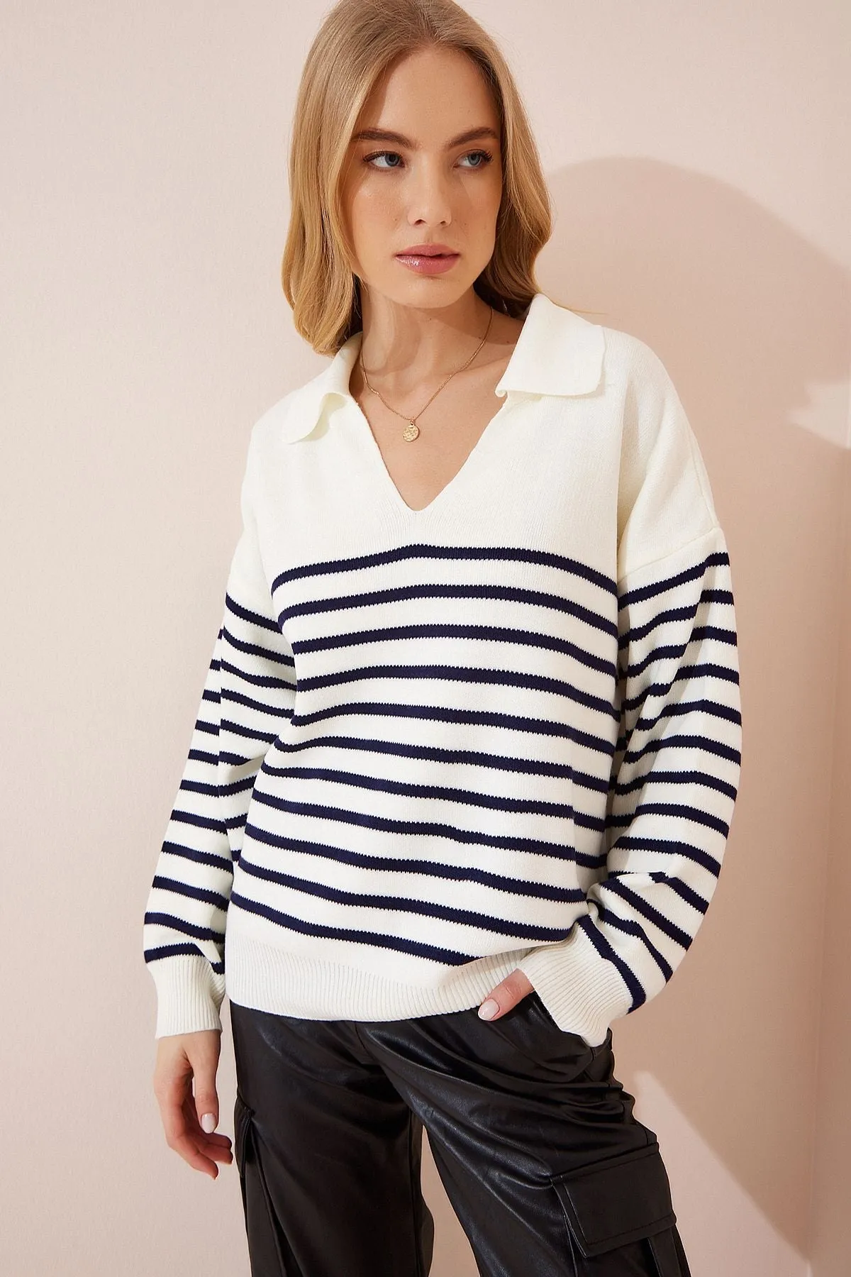 Woman Ekru Polo Yaka striped knitwear sweater FN02971