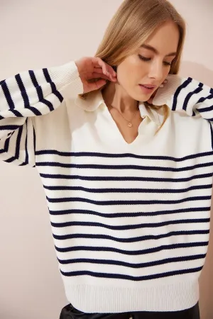Woman Ekru Polo Yaka striped knitwear sweater FN02971