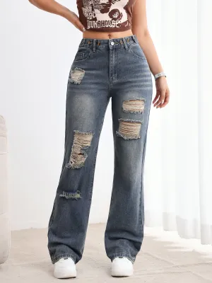 Women High Waist Button Ripped Sense Straight Leg Jeans
