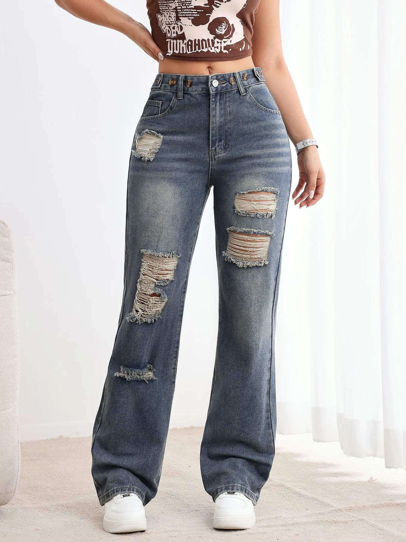 Women High Waist Button Ripped Sense Straight Leg Jeans