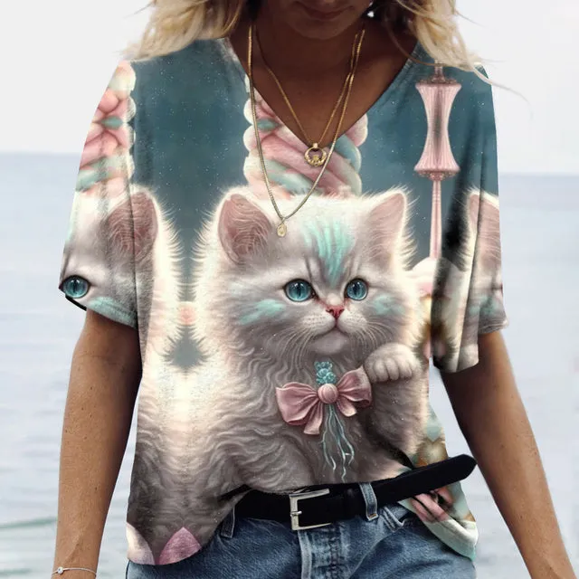 Women V-Neck Cute Cats Print Shirt Tee