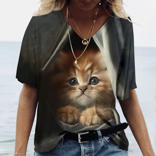 Women V-Neck Cute Cats Print Shirt Tee