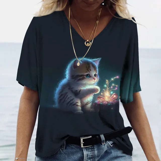 Women V-Neck Cute Cats Print Shirt Tee
