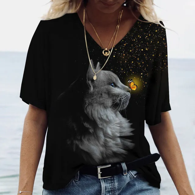 Women V-Neck Cute Cats Print Shirt Tee
