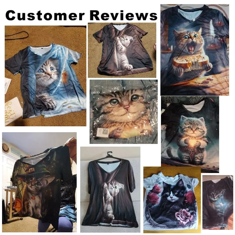 Women V-Neck Cute Cats Print Shirt Tee