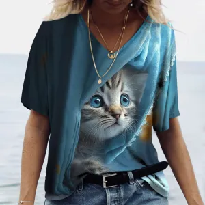 Women V-Neck Cute Cats Print Shirt Tee