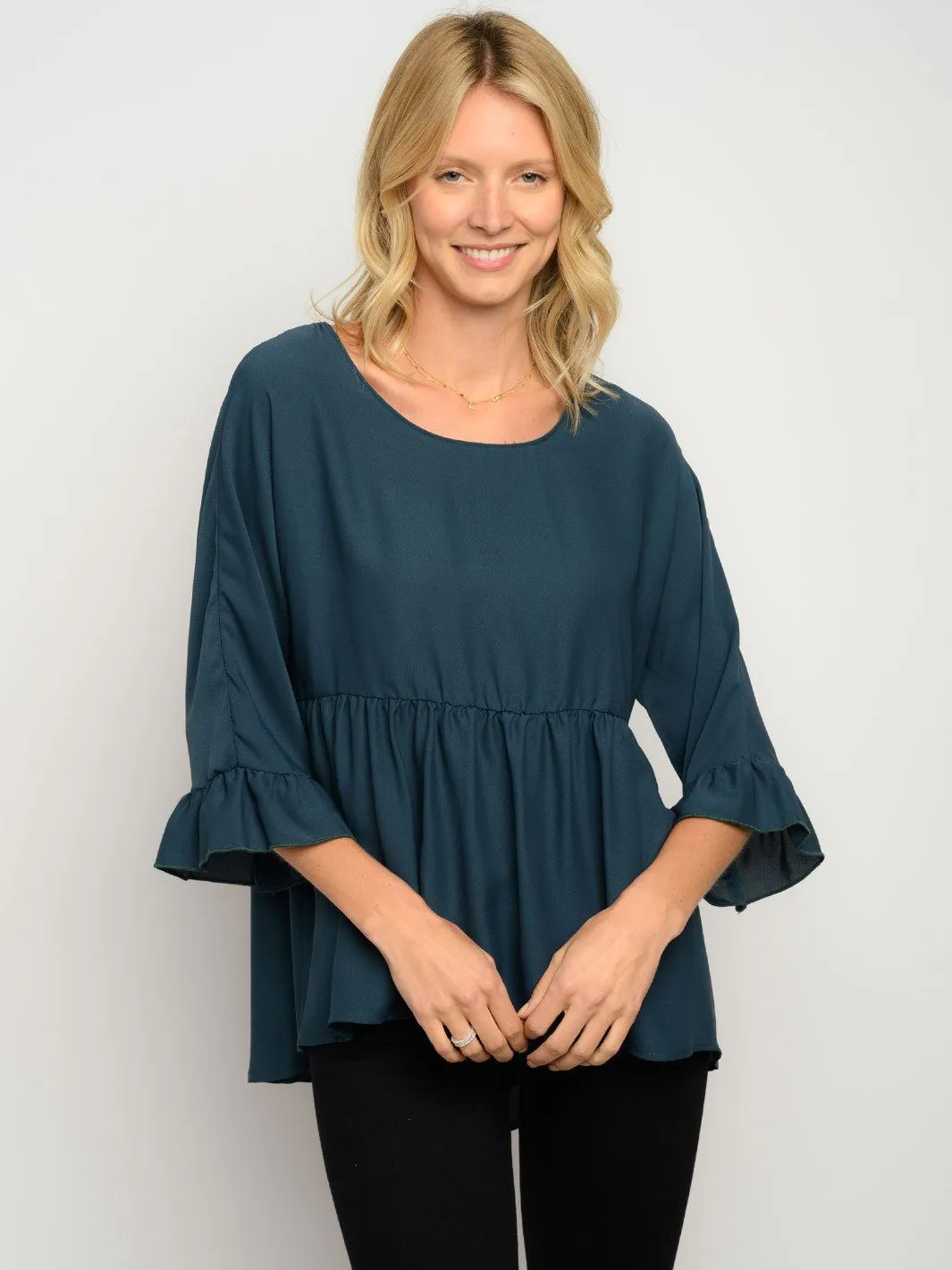 WOMEN'S 3/4 RUFFLE SLEEVE HIGH LOW TOP