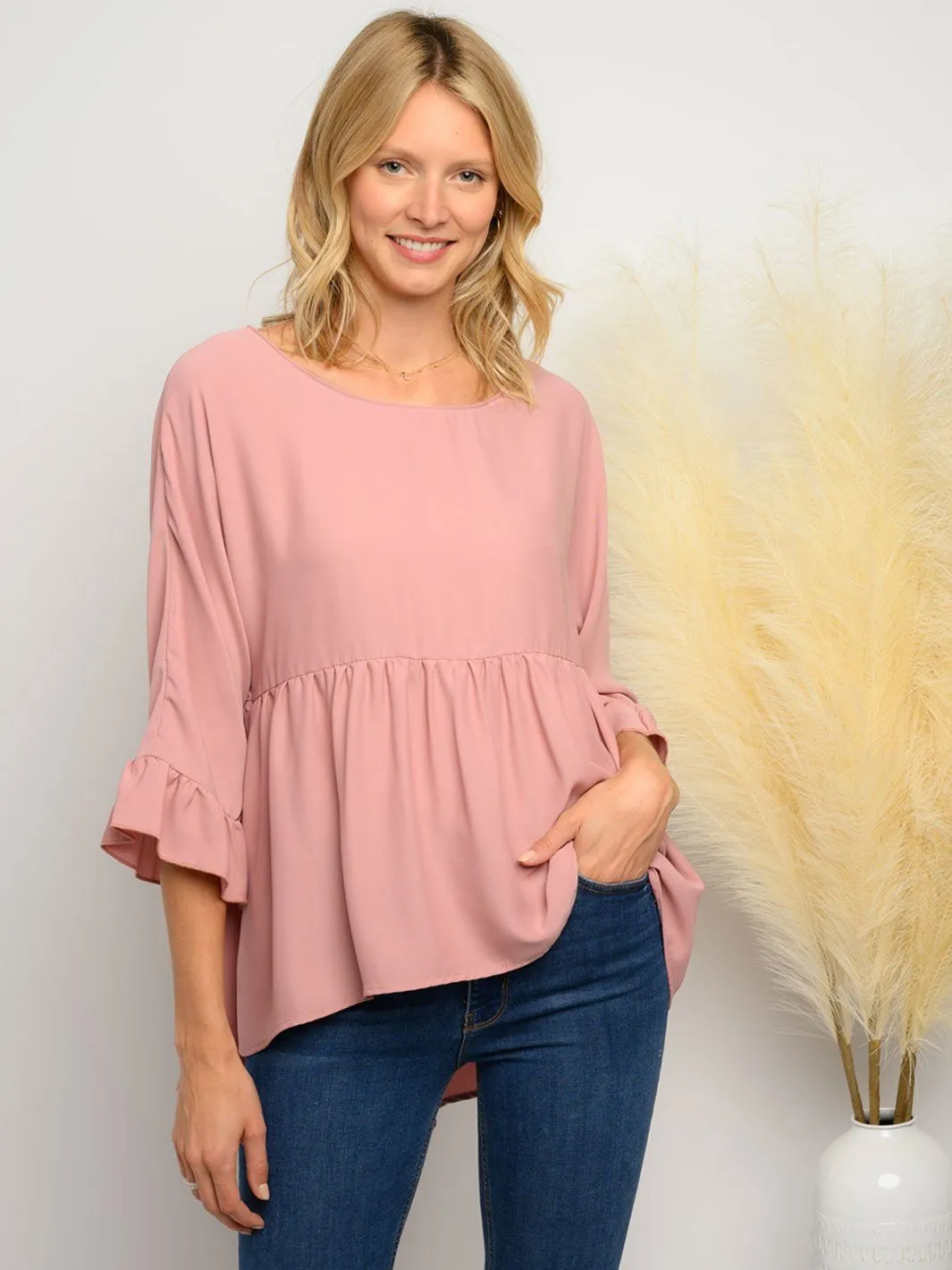 WOMEN'S 3/4 RUFFLE SLEEVE HIGH LOW TOP