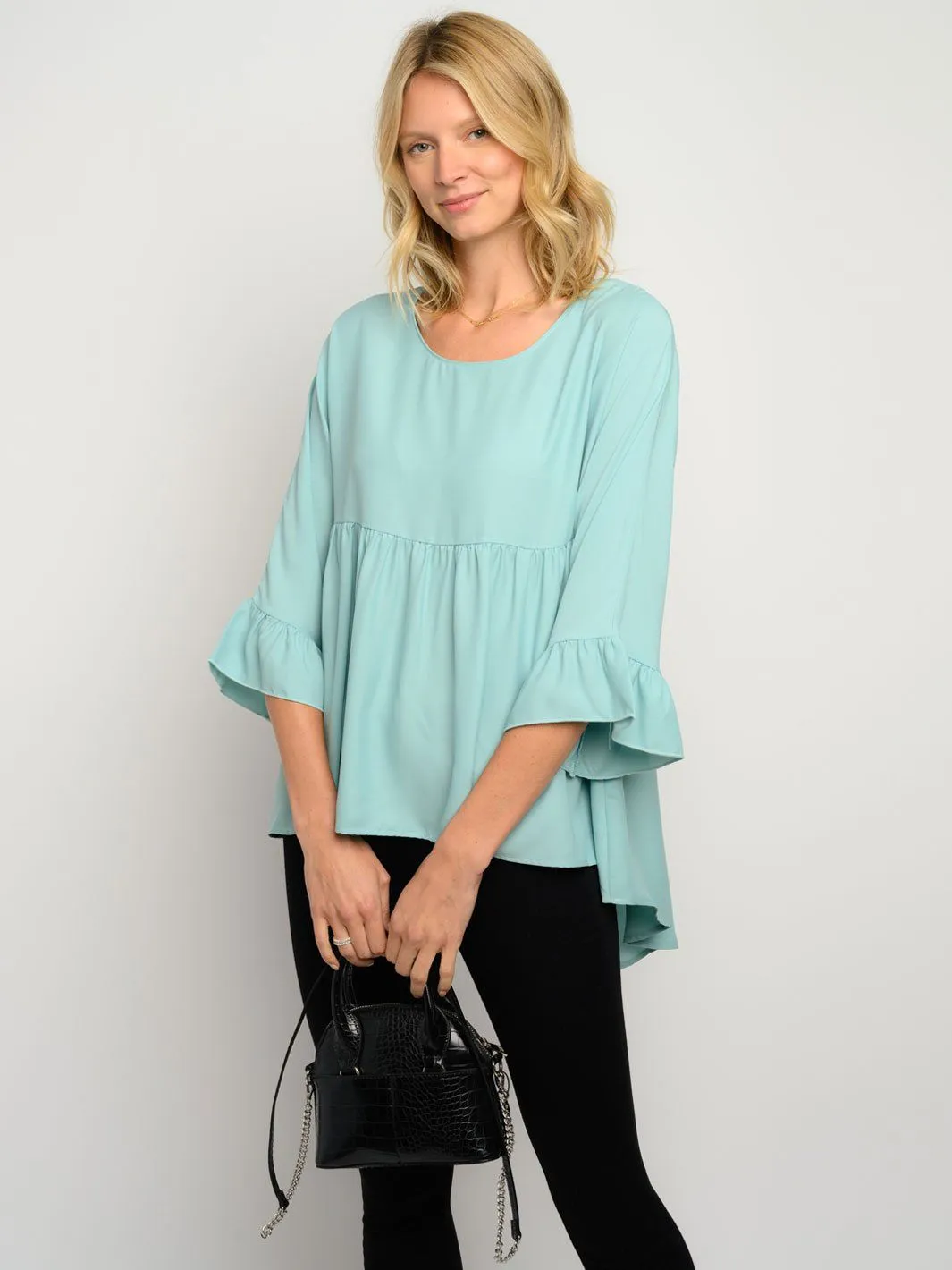 WOMEN'S 3/4 RUFFLE SLEEVE HIGH LOW TOP