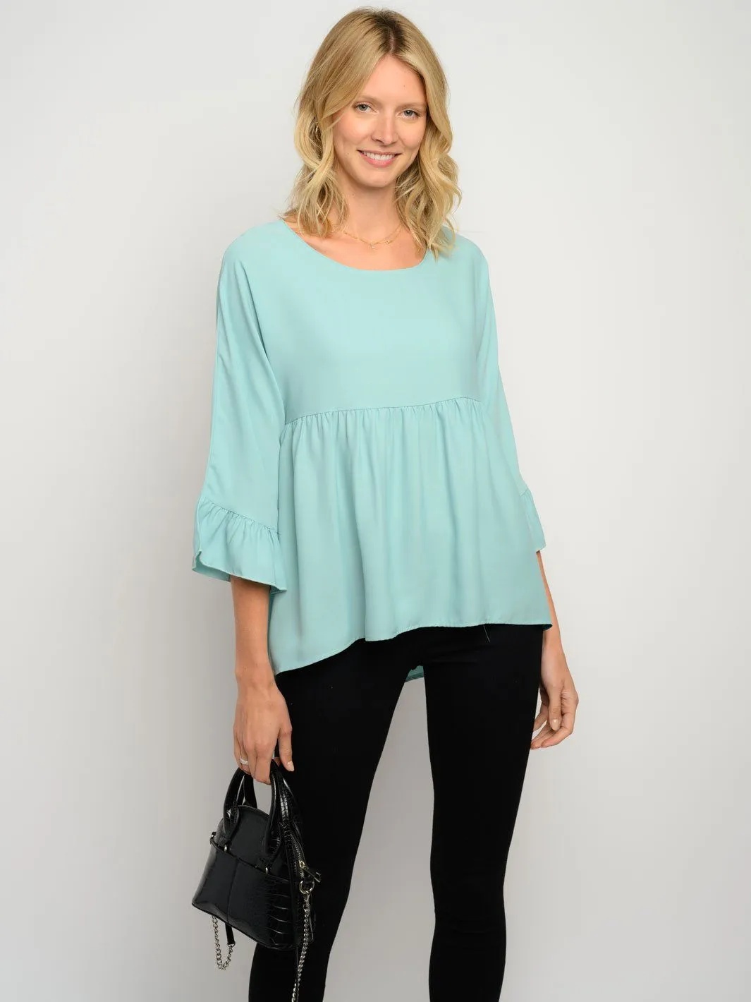 WOMEN'S 3/4 RUFFLE SLEEVE HIGH LOW TOP