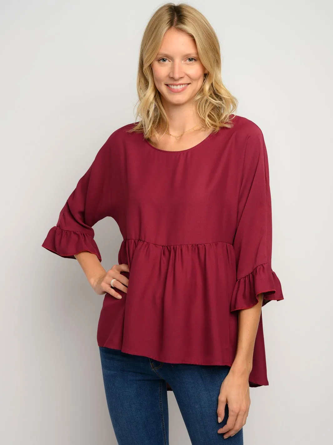 WOMEN'S 3/4 RUFFLE SLEEVE HIGH LOW TOP