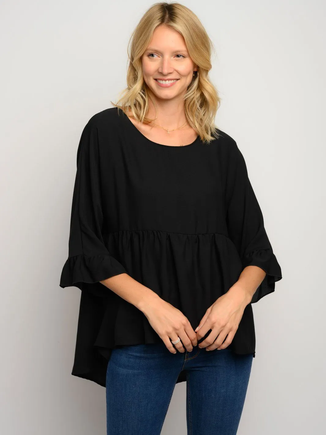 WOMEN'S 3/4 RUFFLE SLEEVE HIGH LOW TOP