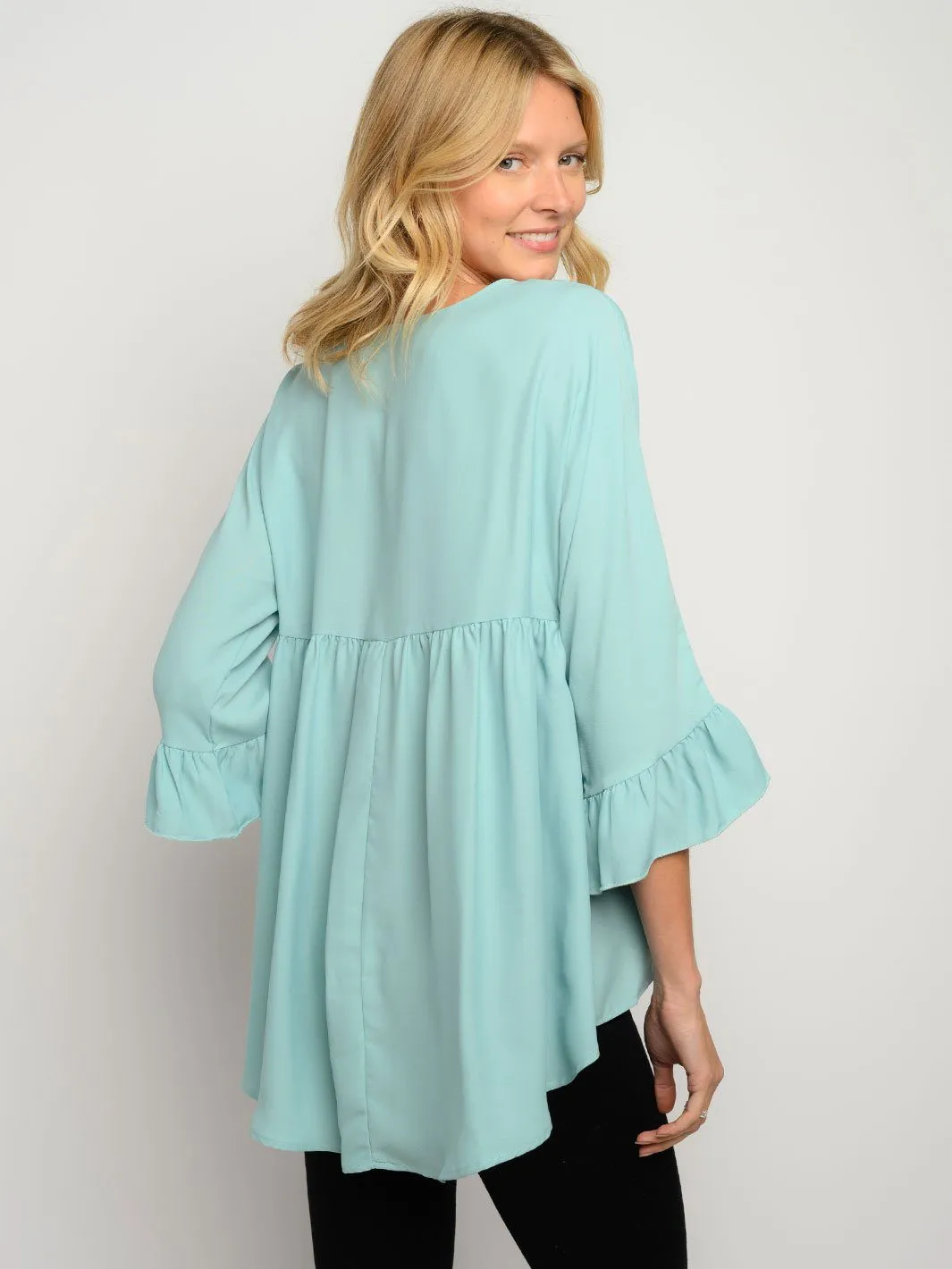 WOMEN'S 3/4 RUFFLE SLEEVE HIGH LOW TOP